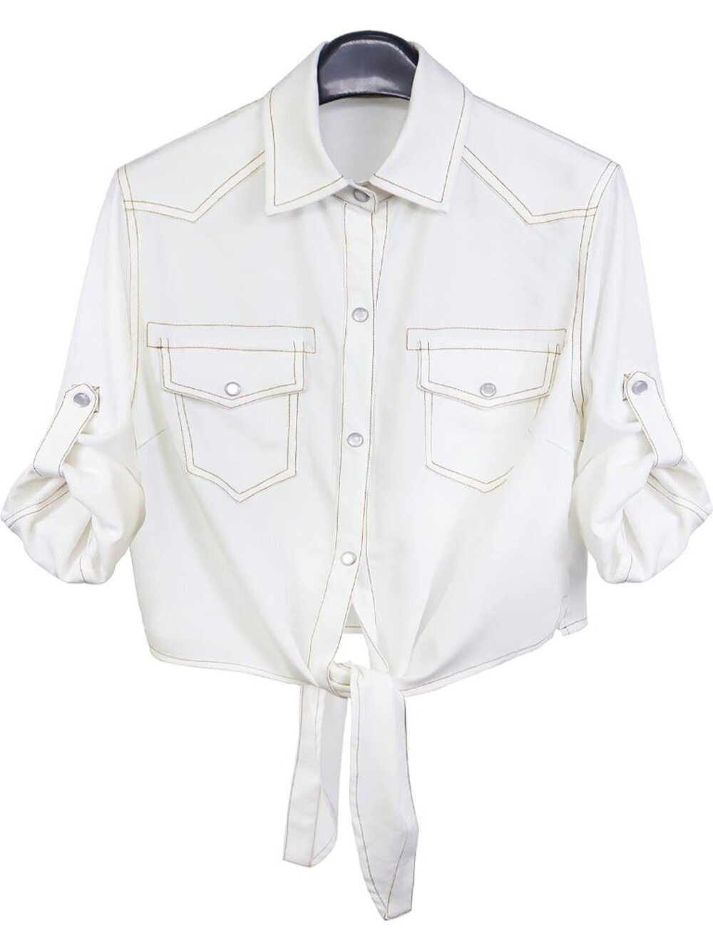 Women's White 3/4 Sleeve Modern Denim Crop Top Self Tie Knot Shirt Cardigan